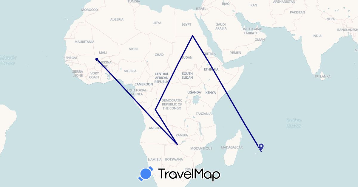 TravelMap itinerary: driving in Democratic Republic of the Congo, Egypt, Mali, Mauritius, Zambia (Africa)
